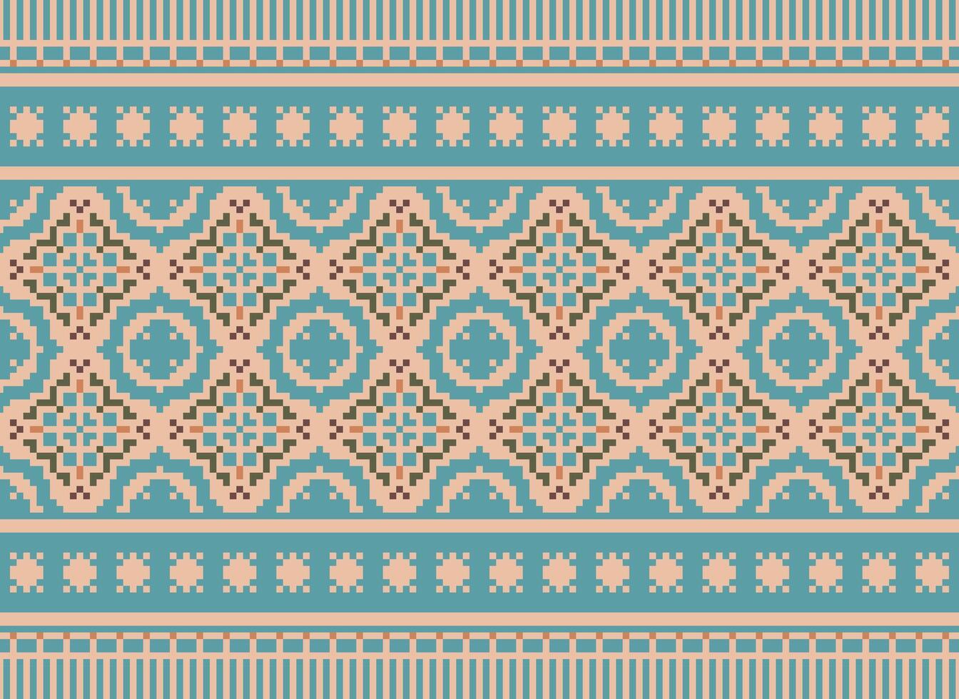 Ethnic Geometric Seamless Fabric Pattern Cross Stitch. Ikat Embroidery Oriental Pixel Pattern Cream Background. Abstract,vector,illustration. Texture,cross Stitch,scarf,decoration,motifs,wallpaper. vector