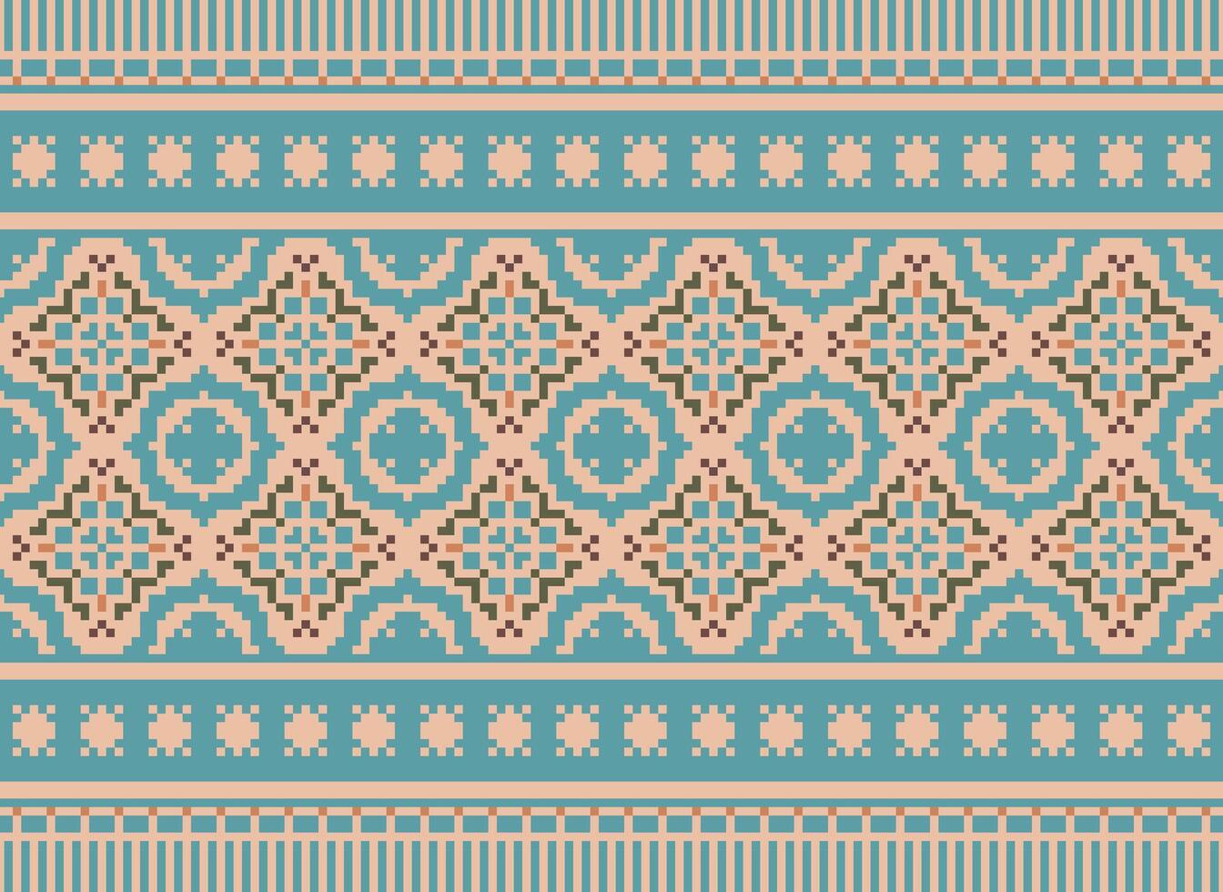 Ethnic Geometric Seamless Fabric Pattern Cross Stitch. Ikat Embroidery Oriental Pixel Pattern Cream Background. Abstract,vector,illustration. Texture,cross Stitch,scarf,decoration,motifs,wallpaper. vector