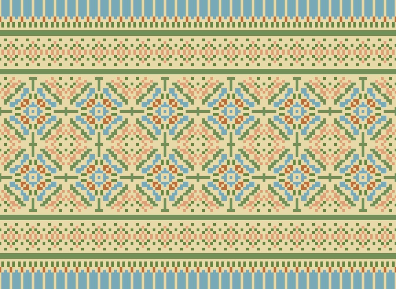 Ethnic Geometric Seamless Fabric Pattern Cross Stitch. Ikat Embroidery Oriental Pixel Pattern Cream Background. Abstract,vector,illustration. Texture,cross Stitch,scarf,decoration,motifs,wallpaper. vector