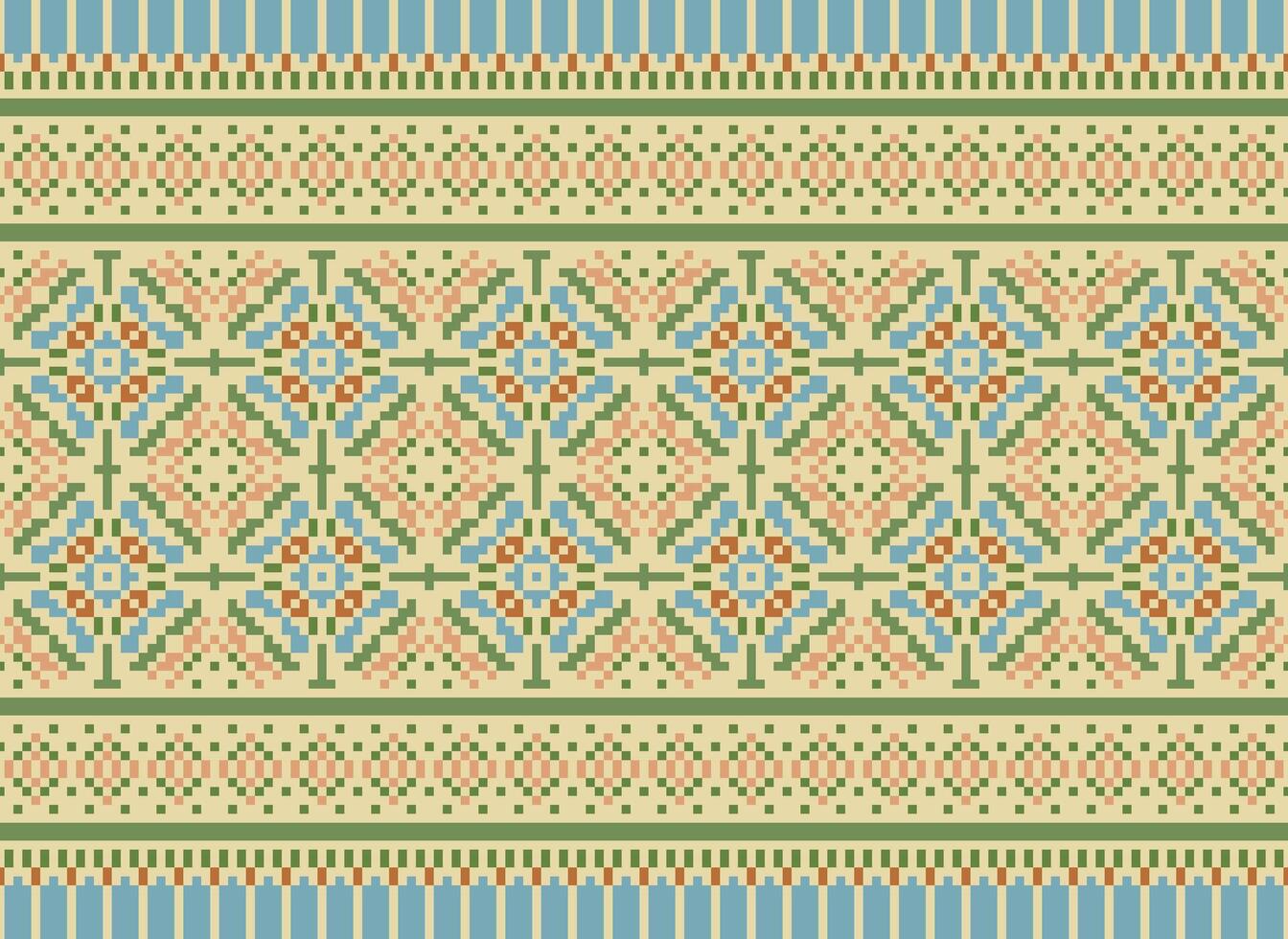 Ethnic Geometric Seamless Fabric Pattern Cross Stitch. Ikat Embroidery Oriental Pixel Pattern Cream Background. Abstract,vector,illustration. Texture,cross Stitch,scarf,decoration,motifs,wallpaper. vector