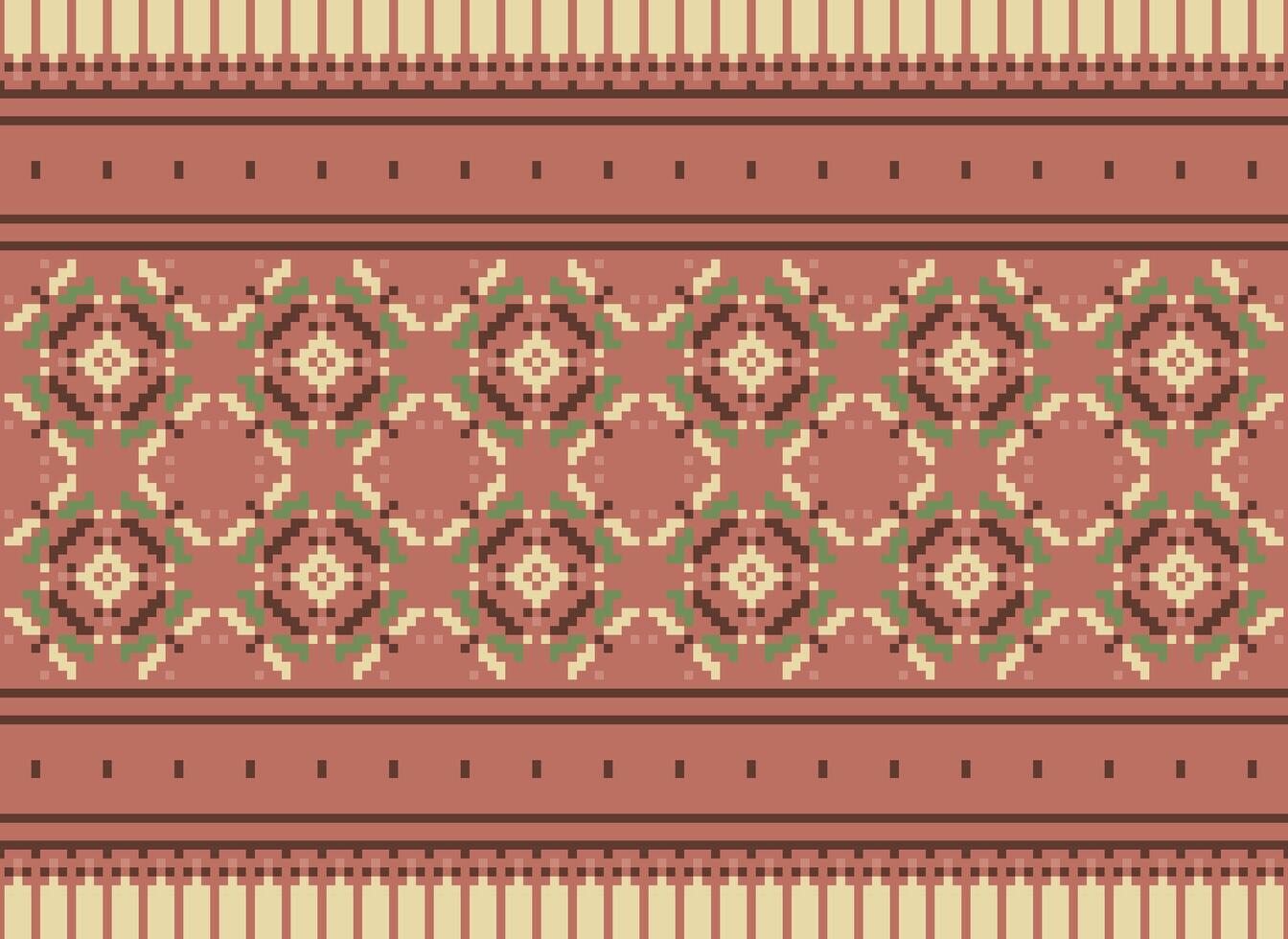 Ethnic Geometric Seamless Fabric Pattern Cross Stitch. Ikat Embroidery Oriental Pixel Pattern Cream Background. Abstract,vector,illustration. Texture,cross Stitch,scarf,decoration,motifs,wallpaper. vector