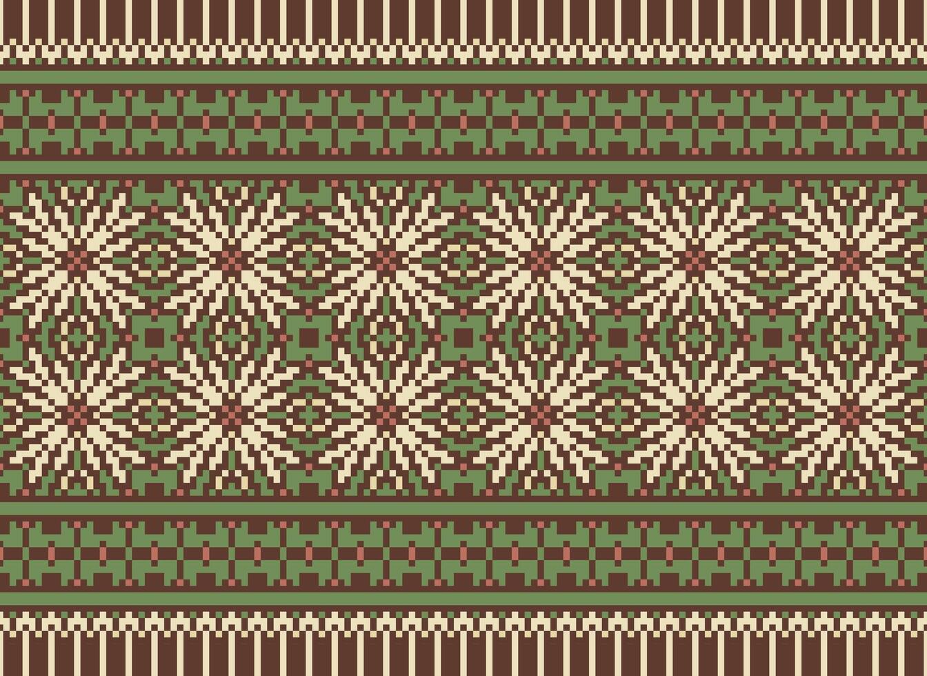 Ethnic Geometric Seamless Fabric Pattern Cross Stitch. Ikat Embroidery Oriental Pixel Pattern Cream Background. Abstract,vector,illustration. Texture,cross Stitch,scarf,decoration,motifs,wallpaper. vector
