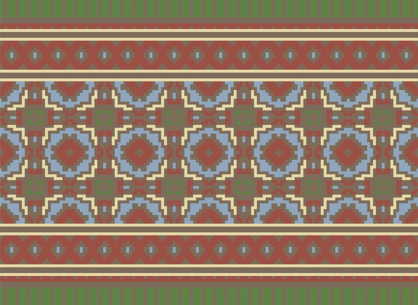 Ethnic Geometric Seamless Fabric Pattern Cross Stitch. Ikat Embroidery Oriental Pixel Pattern Cream Background. Abstract,vector,illustration. Texture,cross Stitch,scarf,decoration,motifs,wallpaper. vector