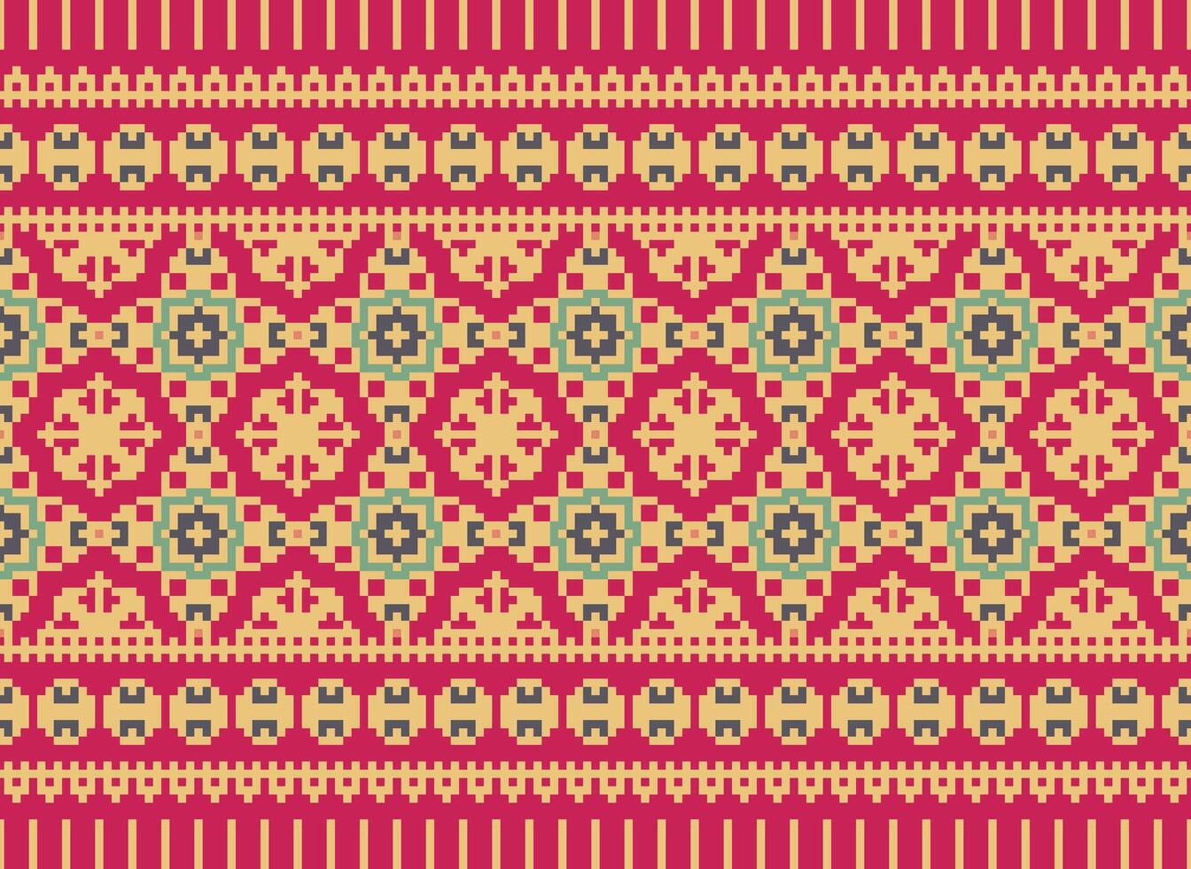 Cross Stitch Embroidery. Ethnic Patterns. Native Style. Traditional Design for texture, textile, fabric, clothing, Knitwear, print. Geometric Pixel Horizontal Seamless Vector. vector