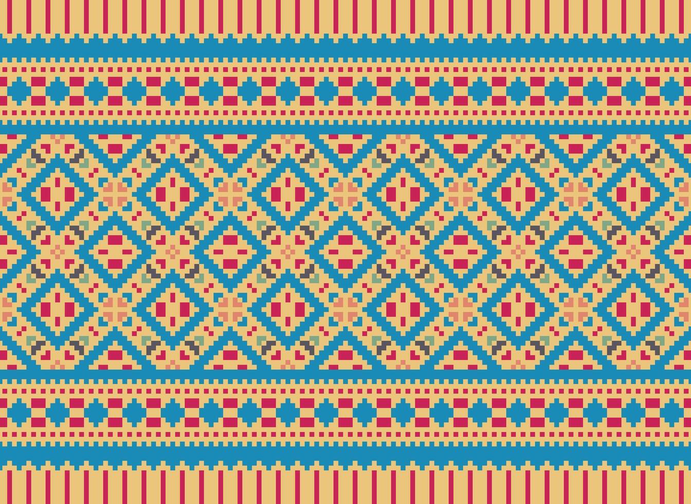 Cross Stitch Embroidery. Ethnic Patterns. Native Style. Traditional Design for texture, textile, fabric, clothing, Knitwear, print. Geometric Pixel Horizontal Seamless Vector. vector