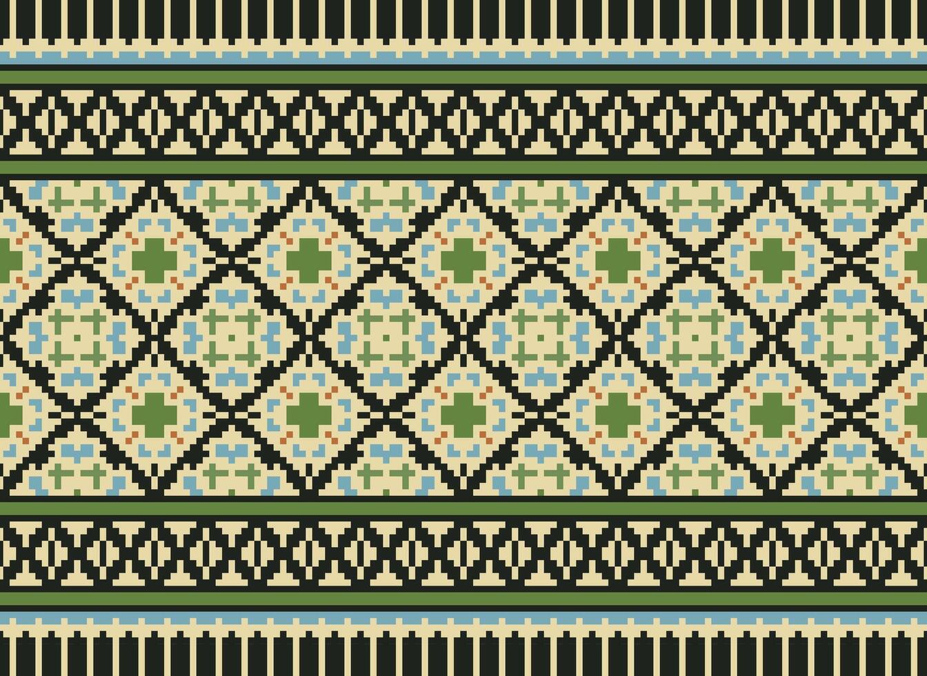 Cross Stitch Embroidery. Ethnic Patterns. Native Style. Traditional Design for texture, textile, fabric, clothing, Knitwear, print. Geometric Pixel Horizontal Seamless Vector. vector