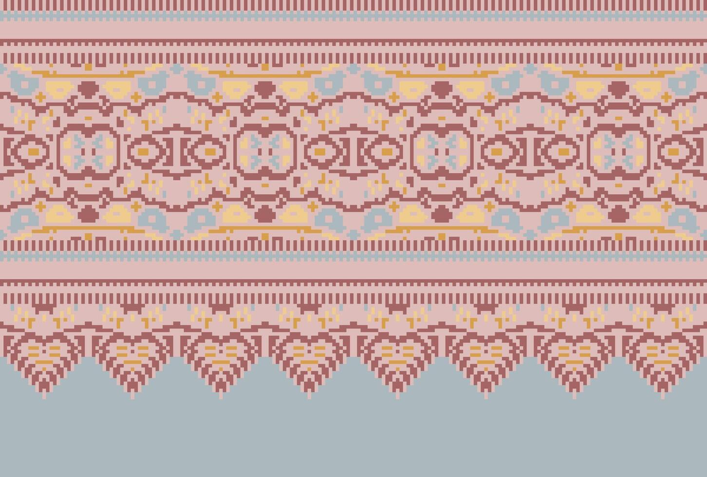 Cross Stitch. Geometric ethnic patterns. Design for Saree, Patola, Sari, Dupatta, Vyshyvanka, rushnyk, dupatta, Clothing, fabric, batik, Knitwear, Embroidery, Ikkat, Pixel pattern. Traditional Design. vector