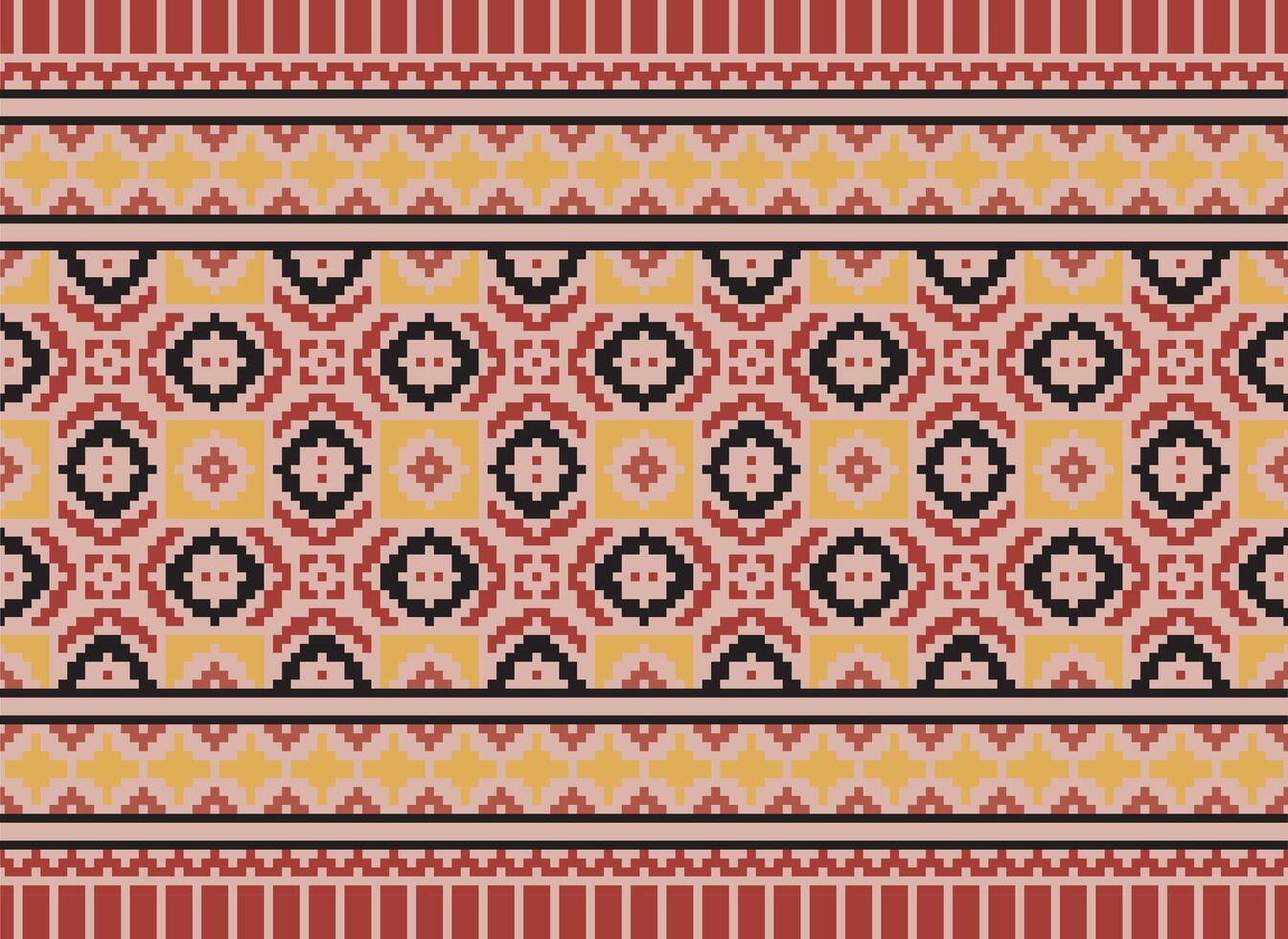 Ethnic Geometric Seamless Fabric Pattern Cross Stitch. Ikat Embroidery Oriental Pixel Pattern Cream Background. Abstract,vector,illustration. Texture,cross Stitch,scarf,decoration,motifs,wallpaper. vector