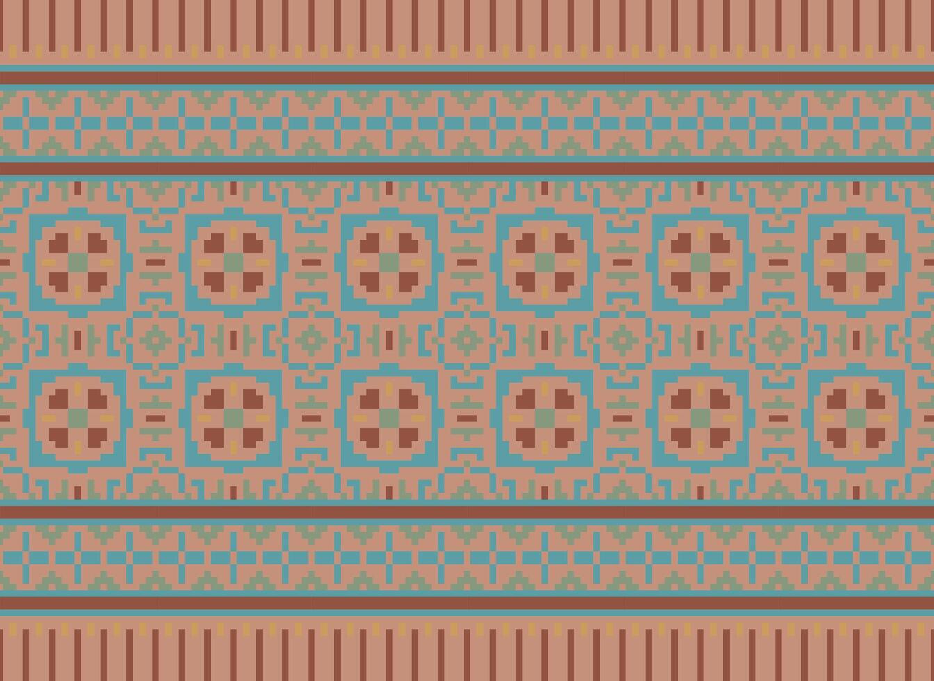 Ethnic Geometric Seamless Fabric Pattern Cross Stitch. Ikat Embroidery Oriental Pixel Pattern Cream Background. Abstract,vector,illustration. Texture,cross Stitch,scarf,decoration,motifs,wallpaper. vector