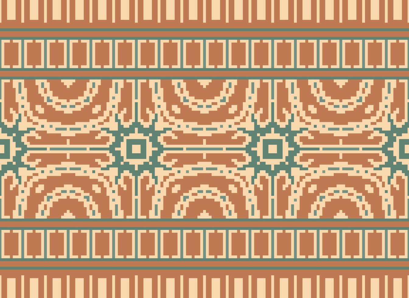 Ethnic Geometric Seamless Fabric Pattern Cross Stitch. Ikat Embroidery Oriental Pixel Pattern Cream Background. Abstract,vector,illustration. Texture,cross Stitch,scarf,decoration,motifs,wallpaper. vector