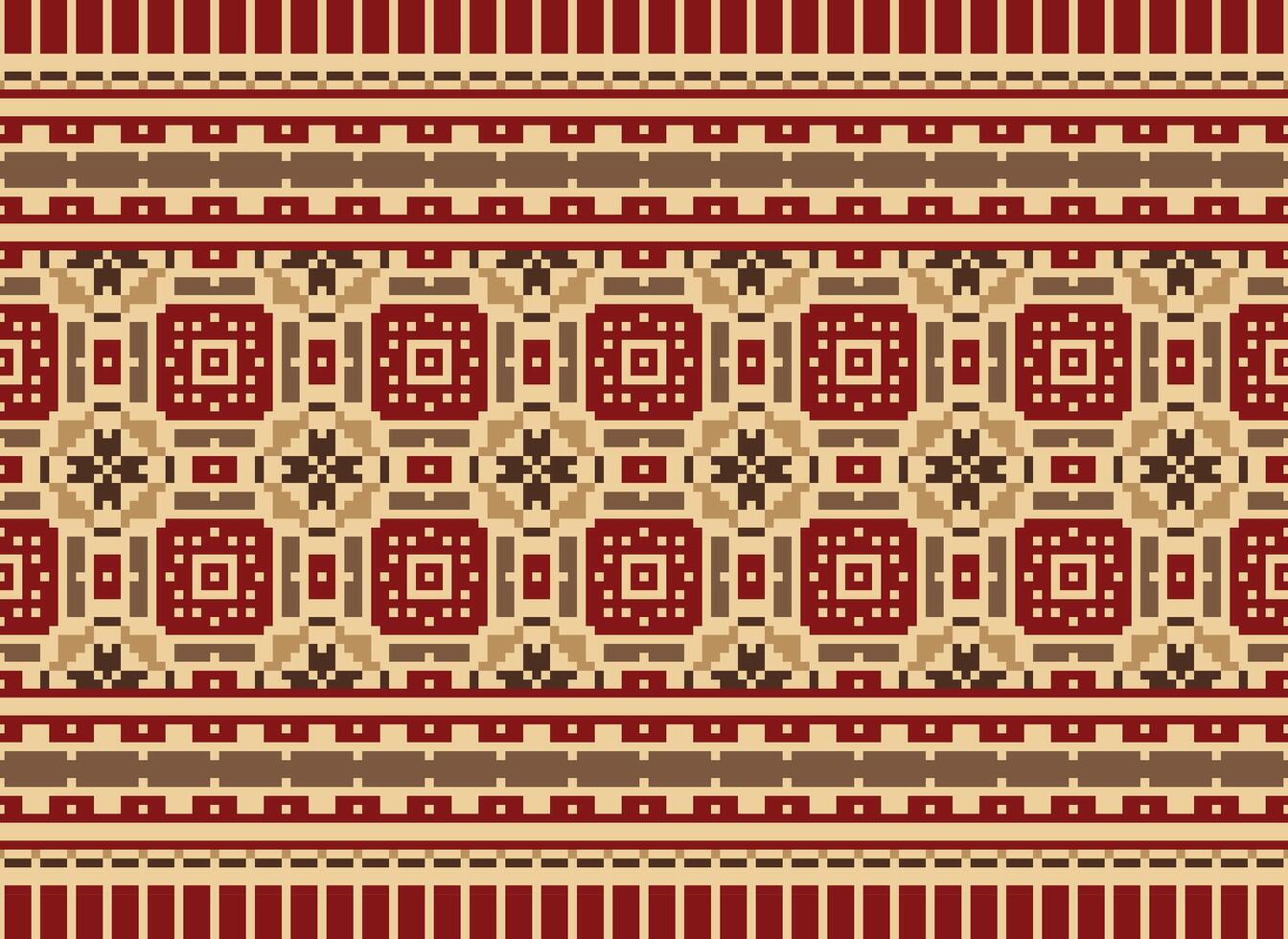Ethnic Geometric Seamless Fabric Pattern Cross Stitch. Ikat Embroidery Oriental Pixel Pattern Cream Background. Abstract,vector,illustration. Texture,cross Stitch,scarf,decoration,motifs,wallpaper. vector