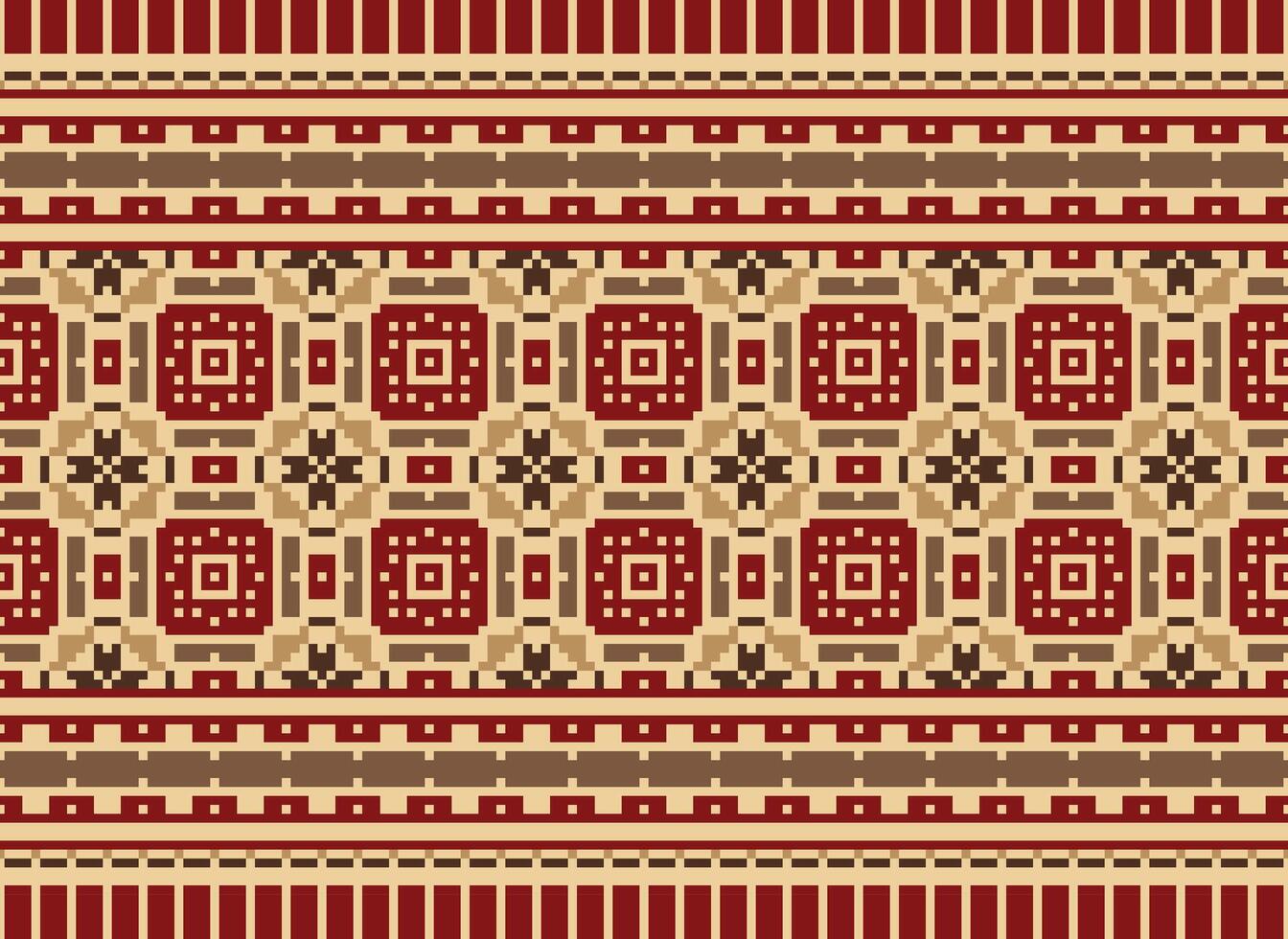 Ethnic Geometric Seamless Fabric Pattern Cross Stitch. Ikat Embroidery Oriental Pixel Pattern Cream Background. Abstract,vector,illustration. Texture,cross Stitch,scarf,decoration,motifs,wallpaper. vector