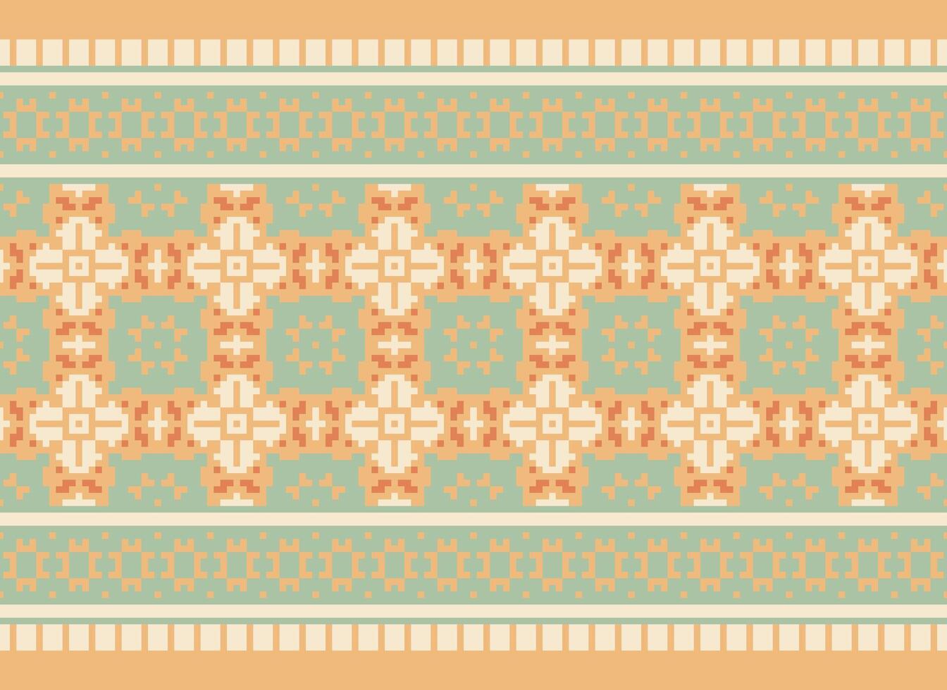 Ethnic Geometric Seamless Fabric Pattern Cross Stitch. Ikat Embroidery Oriental Pixel Pattern Cream Background. Abstract,vector,illustration. Texture,cross Stitch,scarf,decoration,motifs,wallpaper. vector