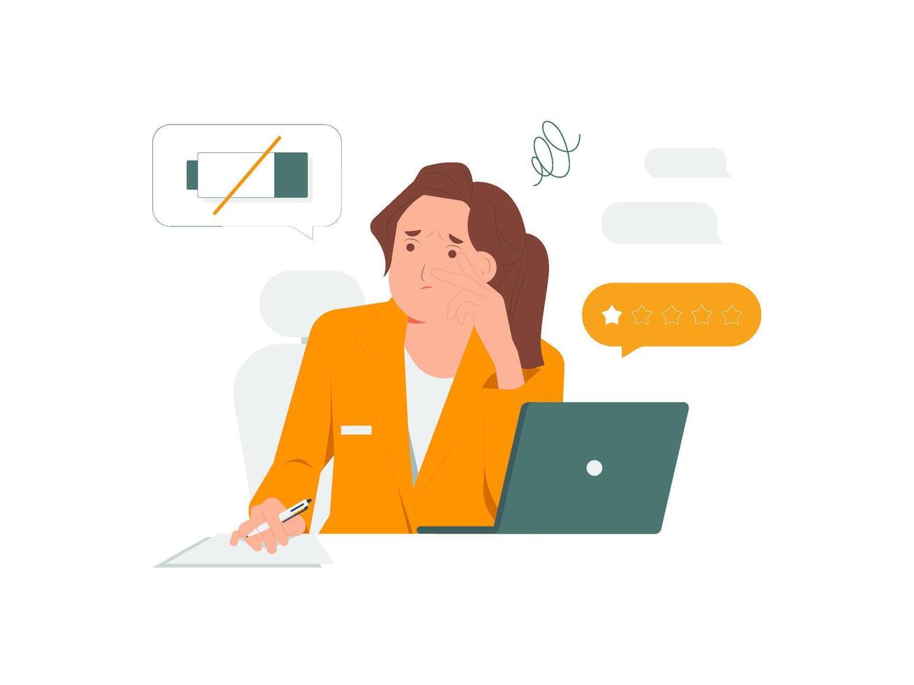 Frustrating tired female office workers employee worrying in front of a laptop, stress, tiredness, overwork concept illustration vector