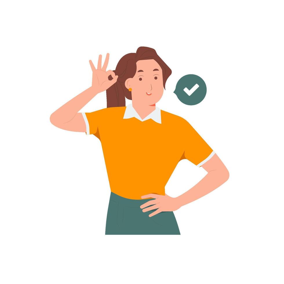 Woman shows ok sign, approval gesture, thumbs up concept illustration vector
