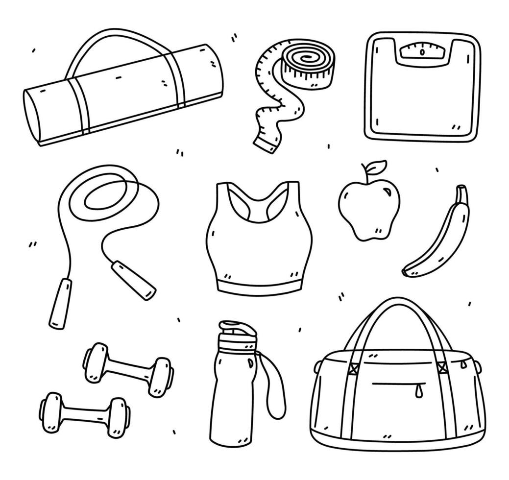 Set of fitness doodles - dumbbells, jump rope, yoga mat, sport bag, water bottle, measuring tape, scales. Sports equipment.Vector hand-drawn illustration isolated on white background.Healthy lifestyle vector