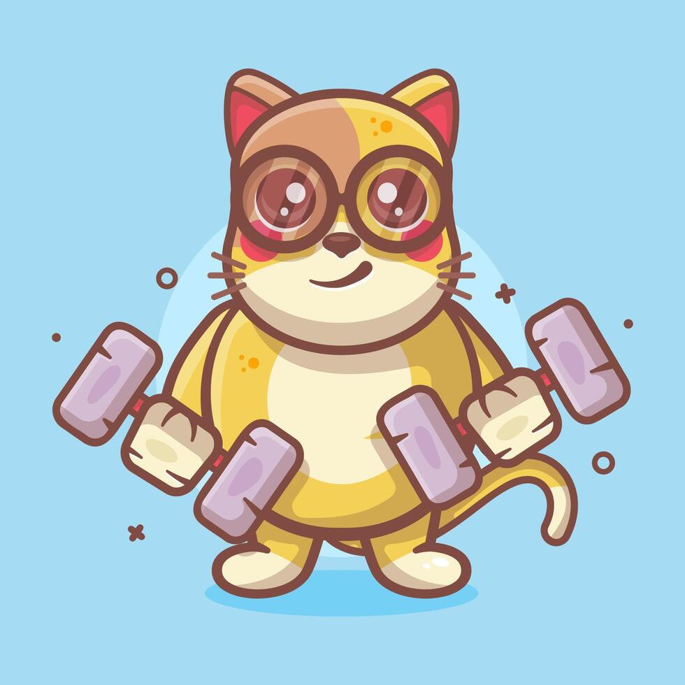 cute cat animal character mascot doing bodybuilding using dumbbell isolated cartoon vector