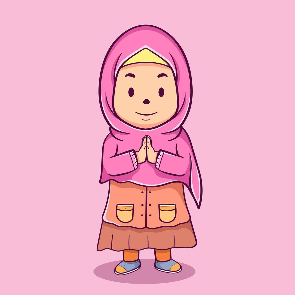 personaje linda musulmán niña hijab celebrando zalema Ramadán mubarak, eid Mubarak dibujos animados vector ilustración. plano dibujos animados ilustración