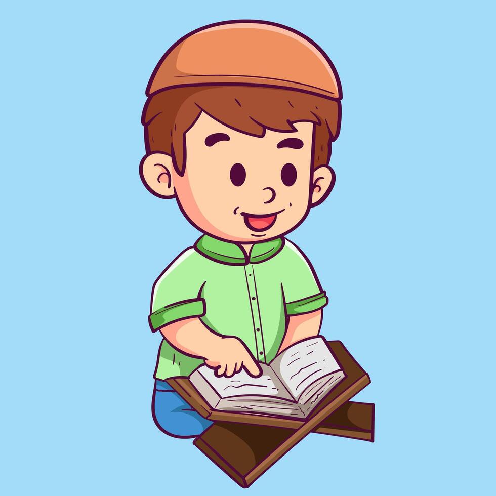 Happy muslim boy reading holy Quran book islamic mascot icon concept. Flat cartoon style vector