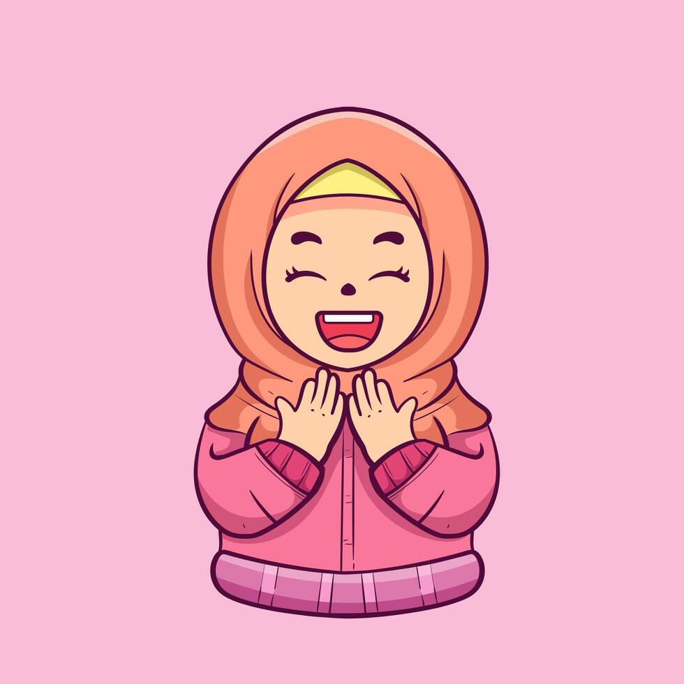 happy character Cute Moslem girl pray to god cartoon vector illustration. flat cartoon illustration