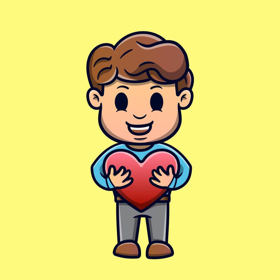 Cute illustration boy Holding Love Sign cartoon character icon . funny gift cartoon. Business icon concept. Flat cartoon style vector