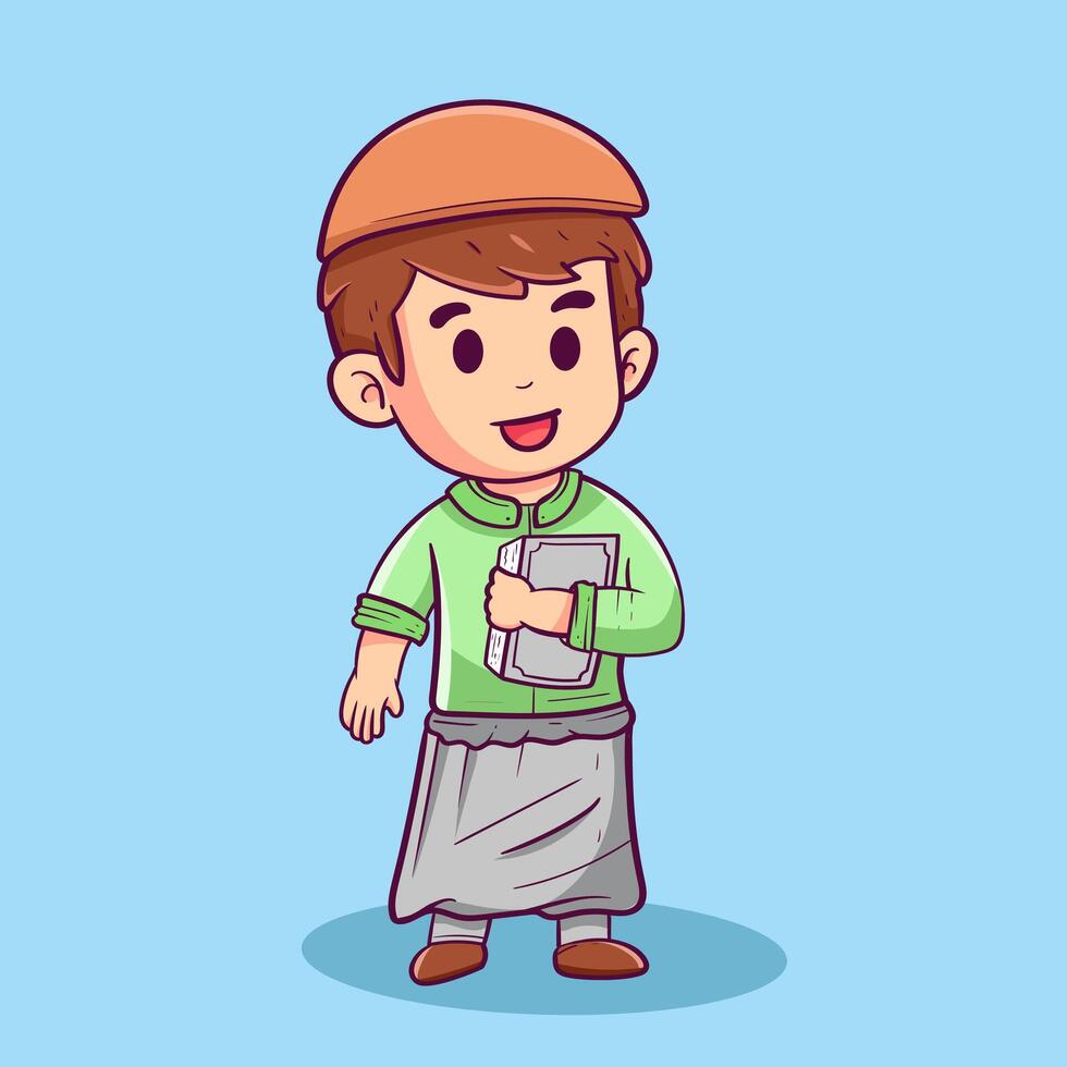 Happy Cute muslim kid holding Quran book. islamic mascot icon concept. Flat cartoon style vector