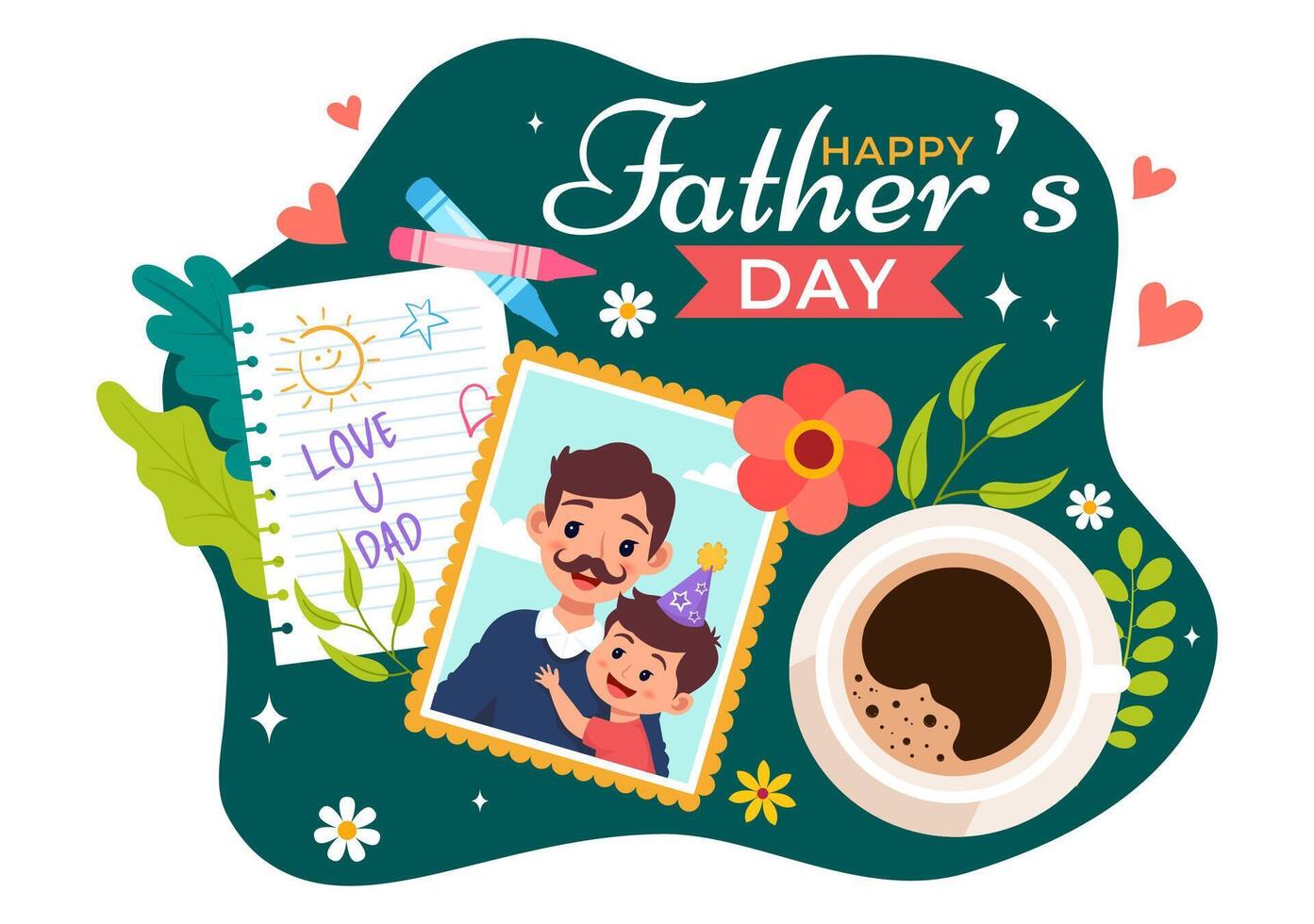 Happy Fathers Day Vector Illustration with Father and his Son or Daughter Playing Together in Flat Kids Cartoon Background Design