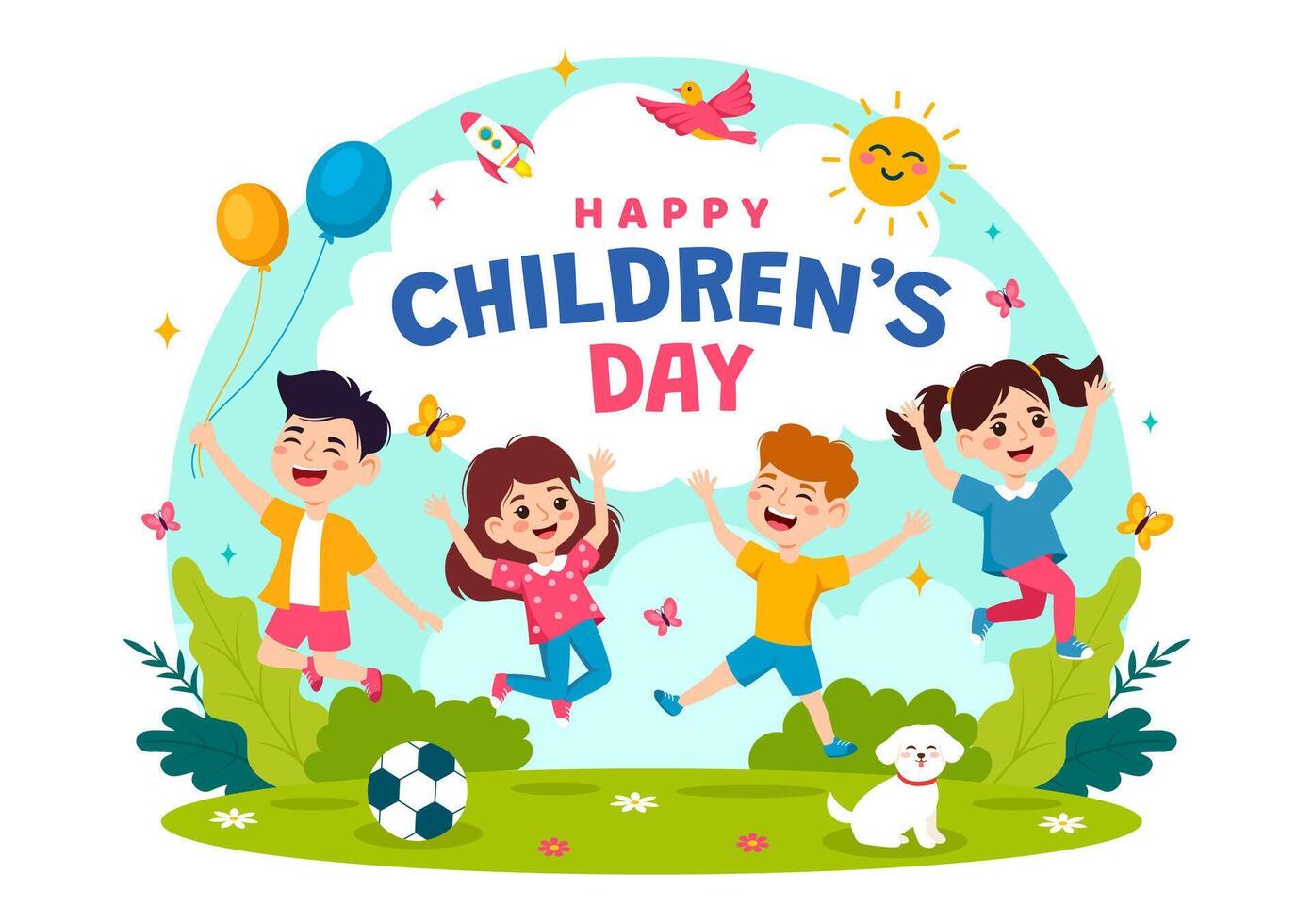 contento para niños día vector ilustración con niños unión en niños celebracion dibujos animados brillante cielo azul antecedentes y verde campo diseño