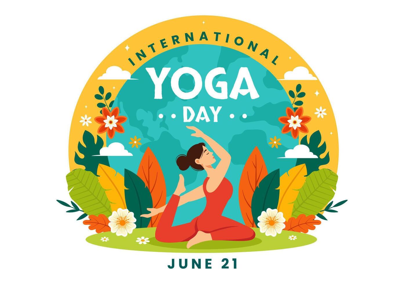 internacional yoga día vector ilustración en junio 21 con mujer haciendo cuerpo postura práctica o meditación en cuidado de la salud plano dibujos animados antecedentes