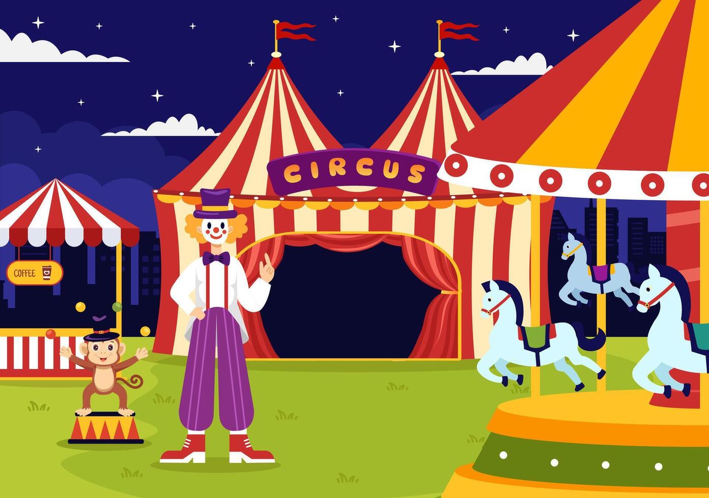 circo vector ilustración con espectáculo de gimnasta, mago, animal león tigre, anfitrión, artista, payasos y diversión parque en plano dibujos animados antecedentes