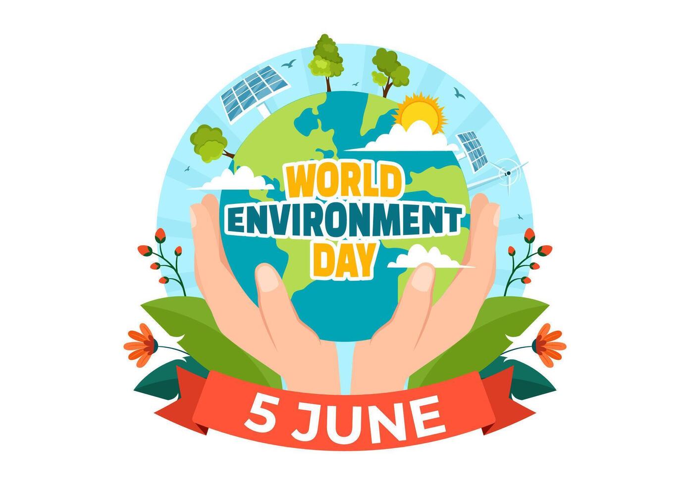 mundo ambiente día vector ilustración con verde árbol y animales en bosque para salvar el planeta o tomando cuidado de el tierra en plano antecedentes