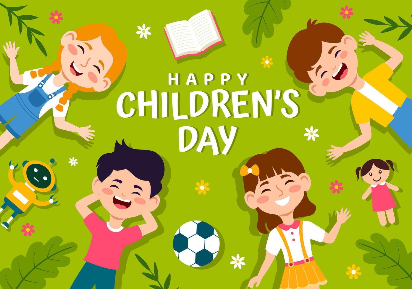 Happy Children's Day Vector Illustration with Kids Togetherness in Children Celebration Cartoon Bright Sky Blue Background and Green Field Design