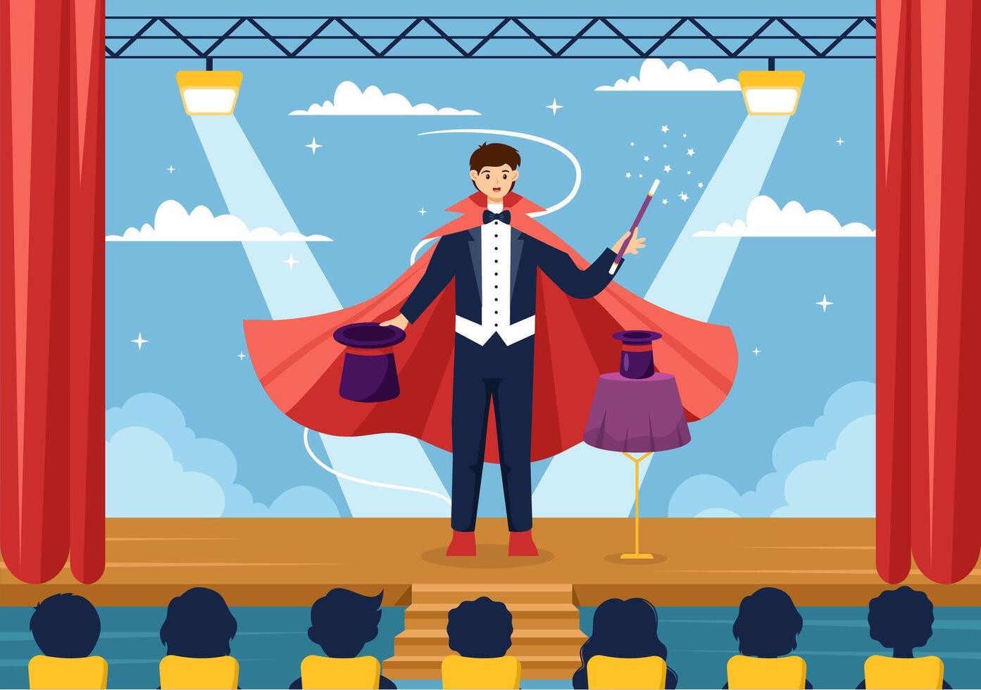 Magician Vector Illustration with Illusionist Conjuring Tricks and Waving a Magic Wand above his Mysterious Hat on a Stage in Flat Cartoon Background
