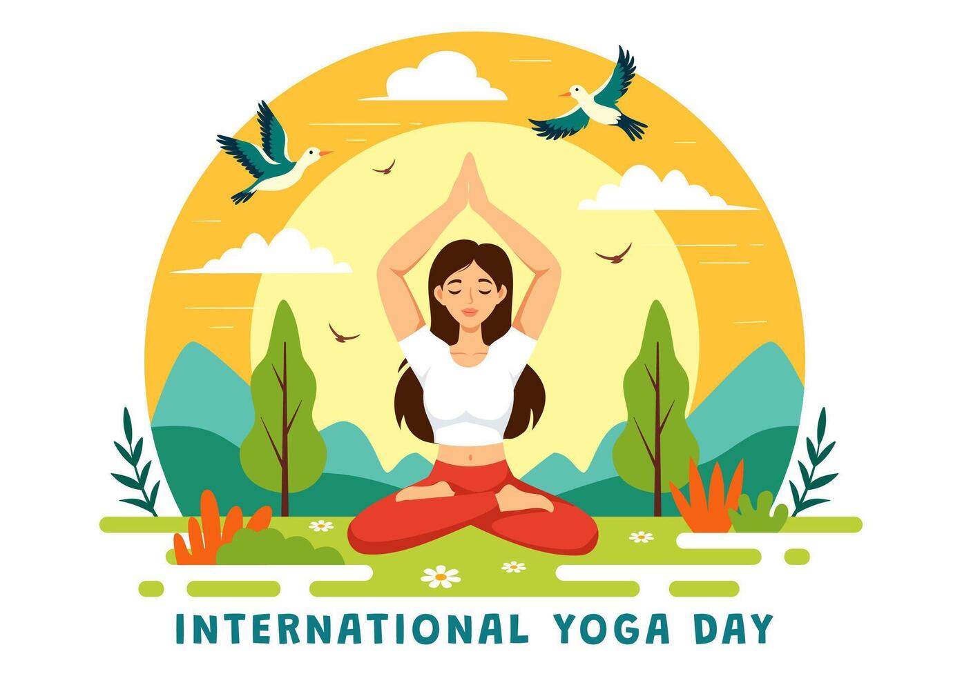 internacional yoga día vector ilustración en junio 21 con mujer haciendo cuerpo postura práctica o meditación en cuidado de la salud plano dibujos animados antecedentes