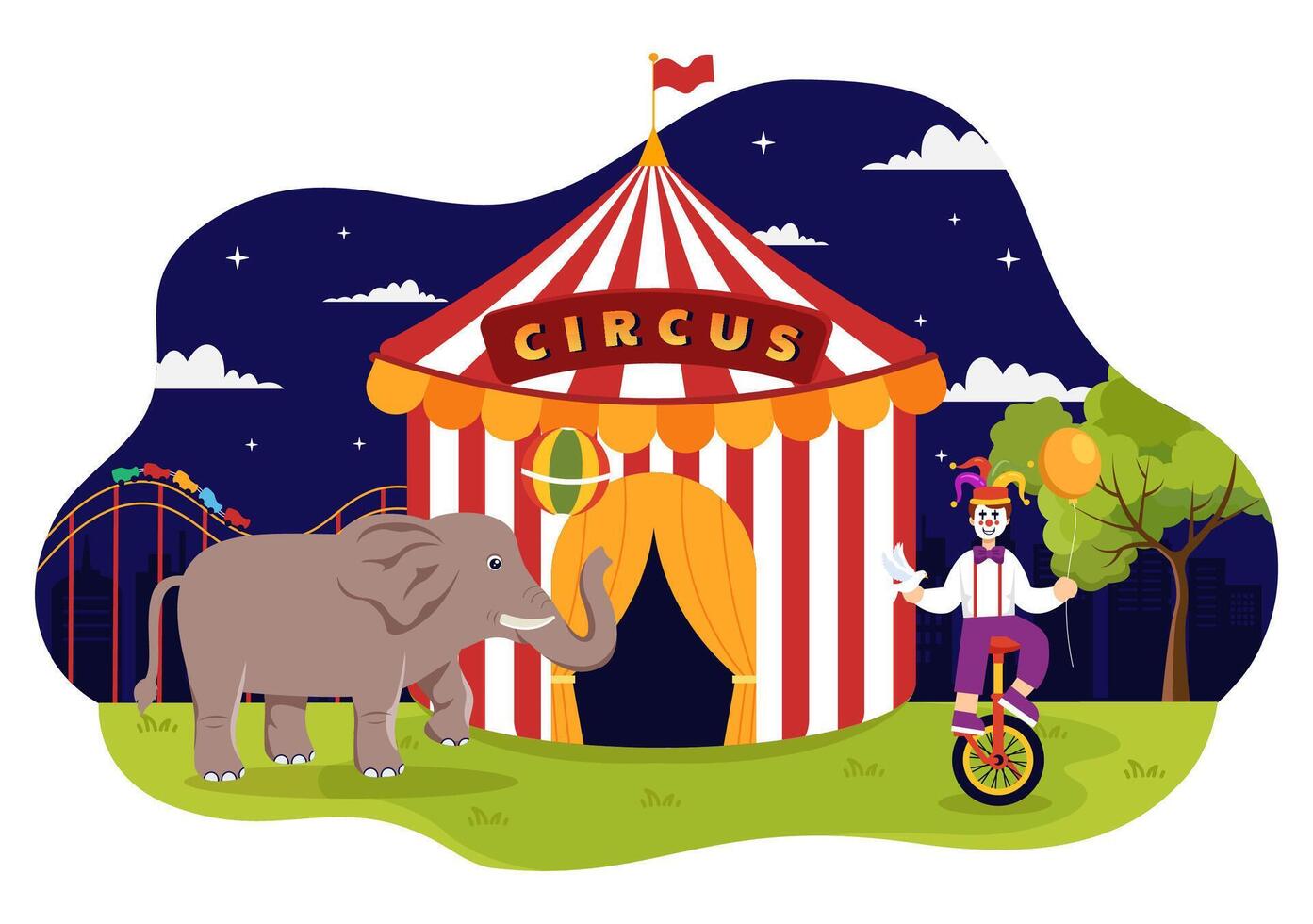 circo vector ilustración con espectáculo de gimnasta, mago, animal león tigre, anfitrión, artista, payasos y diversión parque en plano dibujos animados antecedentes