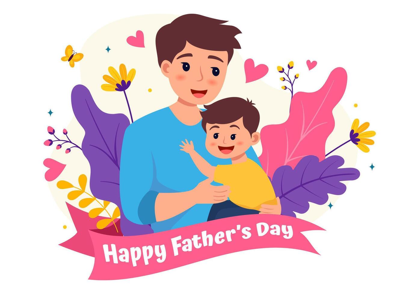 Happy Fathers Day Vector Illustration with Father and his Son or Daughter Playing Together in Flat Kids Cartoon Background Design