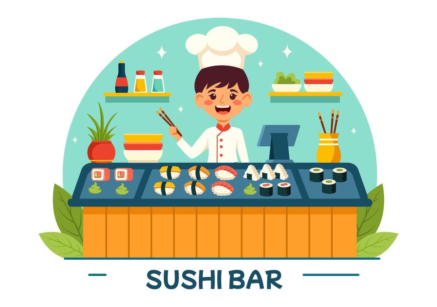 Sushi bar vector ilustración de Japón asiático comida o restaurante de sashimi y arroz para comiendo con soja salsa y wasabi en plano dibujos animados antecedentes