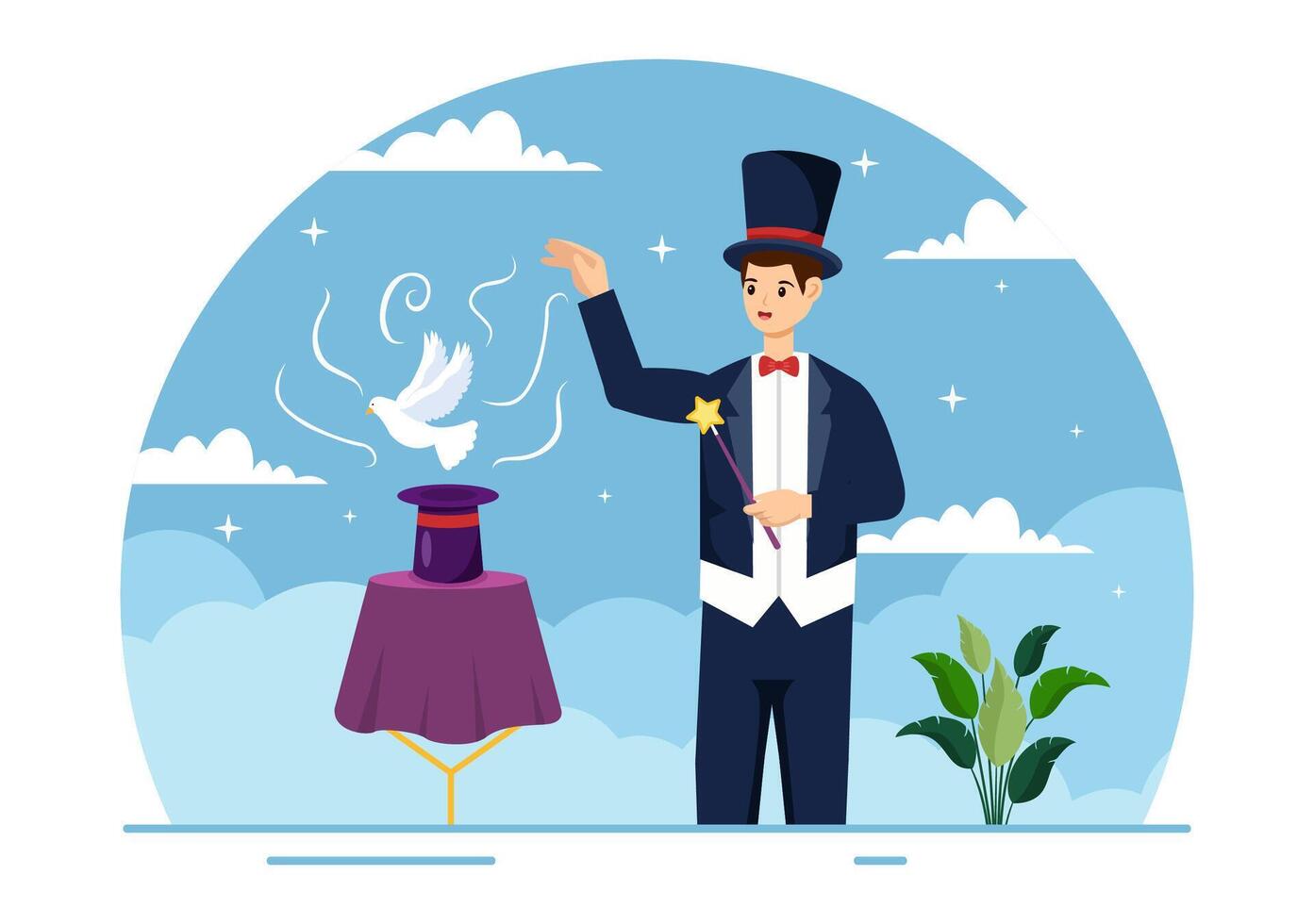 Magician Vector Illustration with Illusionist Conjuring Tricks and Waving a Magic Wand above his Mysterious Hat on a Stage in Flat Cartoon Background