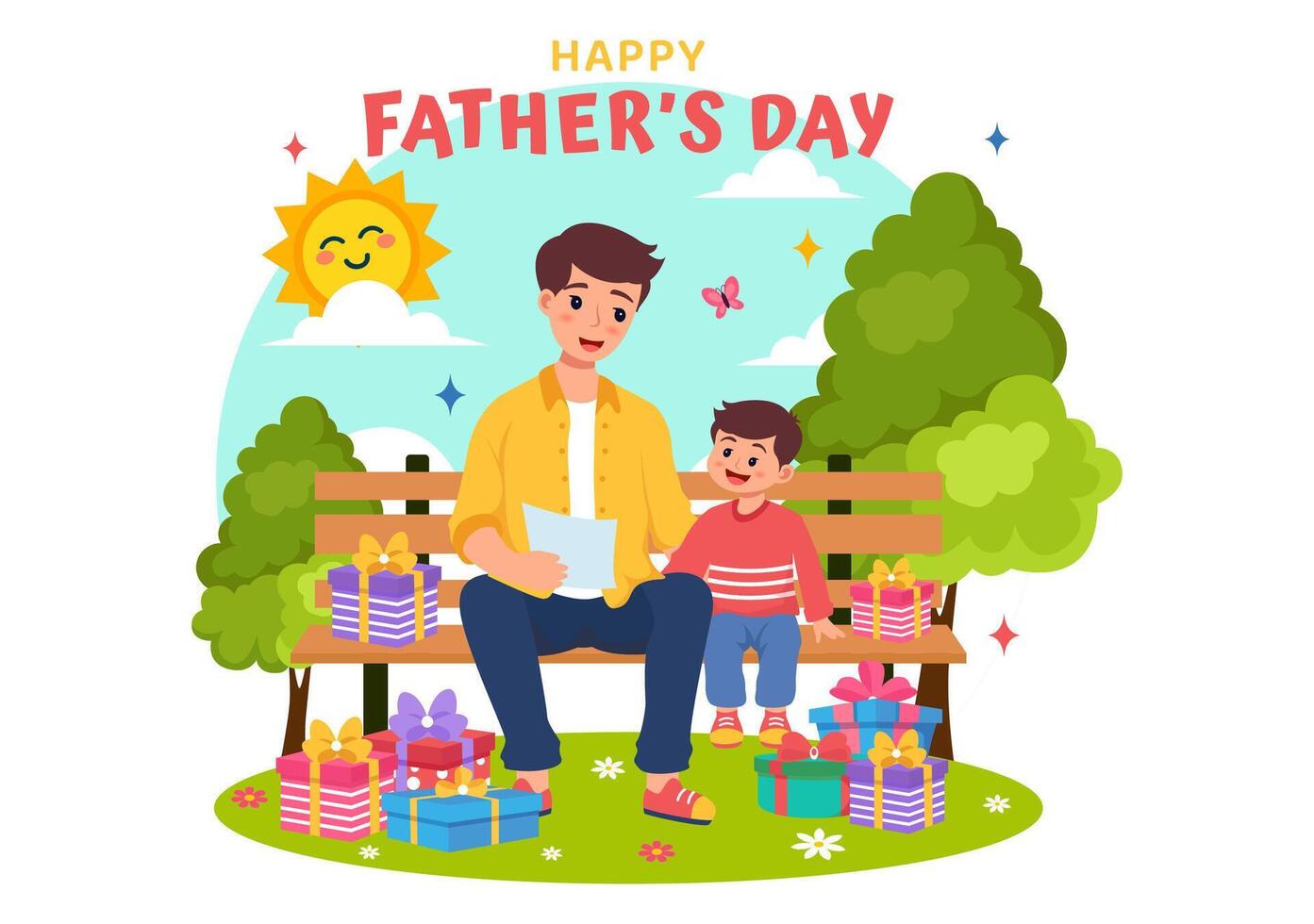 Happy Fathers Day Vector Illustration with Father and his Son or Daughter Playing Together in Flat Kids Cartoon Background Design