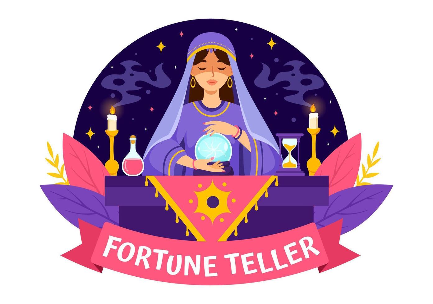 Fortune Teller Vector Illustration with Crystal Ball, Magic Book or Tarot for Predicts Fate and Telling the Future Concept in Flat Cartoon Background