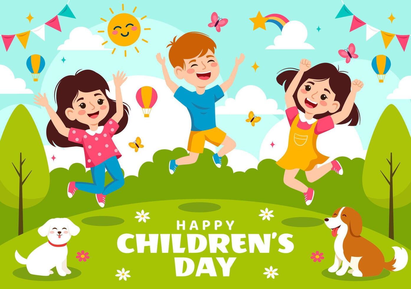 contento para niños día vector ilustración con niños unión en niños celebracion dibujos animados brillante cielo azul antecedentes y verde campo diseño