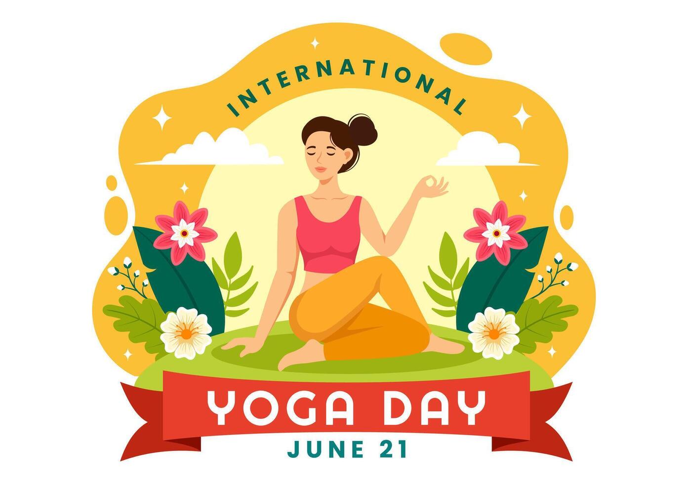 internacional yoga día vector ilustración en junio 21 con mujer haciendo cuerpo postura práctica o meditación en cuidado de la salud plano dibujos animados antecedentes