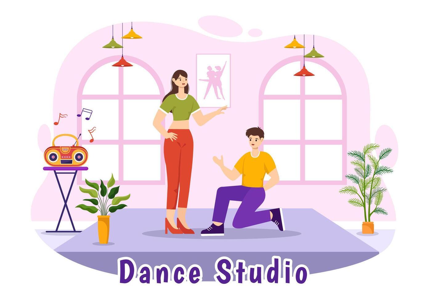 Dance Studio Vector Illustration with Dancing Couples Performing Accompanied by Music in Flat Cartoon Background Design