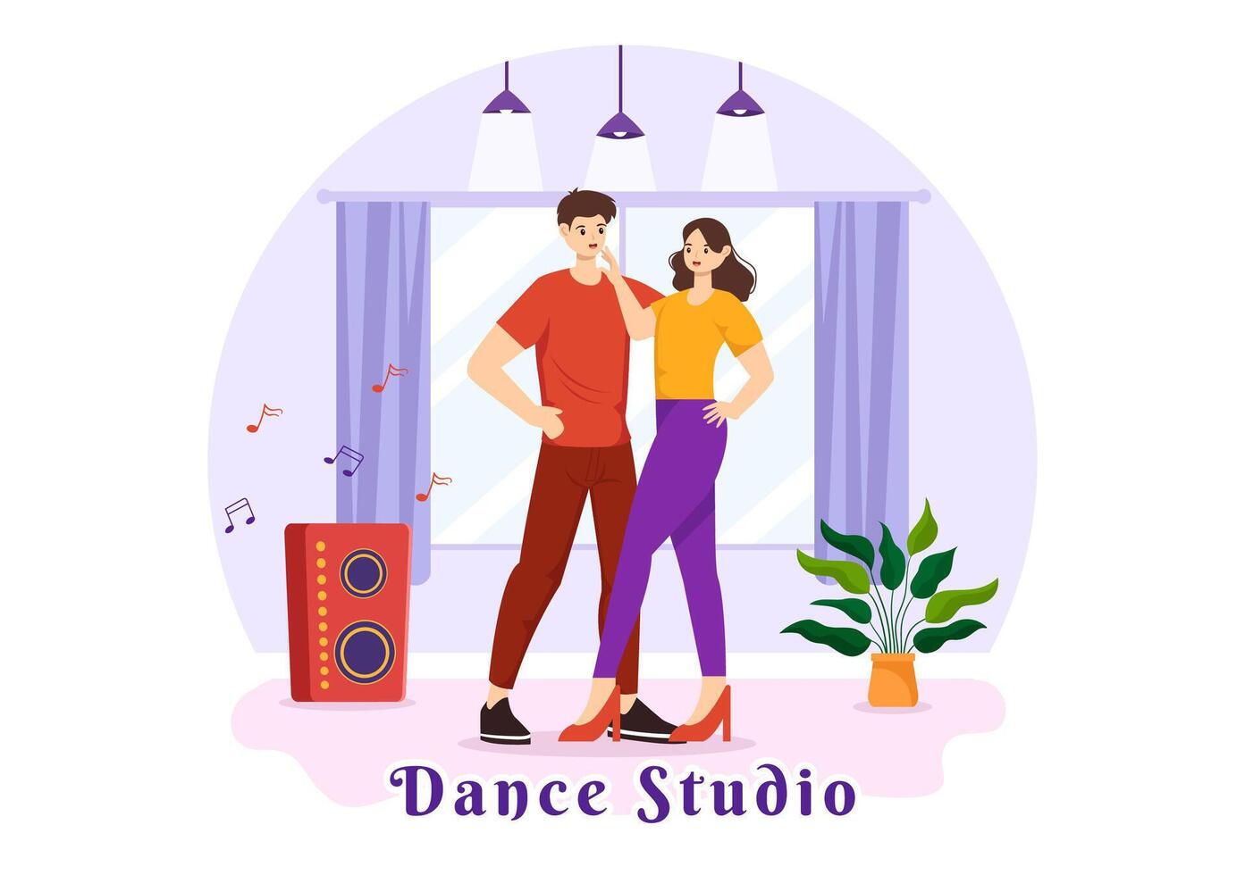 Dance Studio Vector Illustration with Dancing Couples Performing Accompanied by Music in Flat Cartoon Background Design