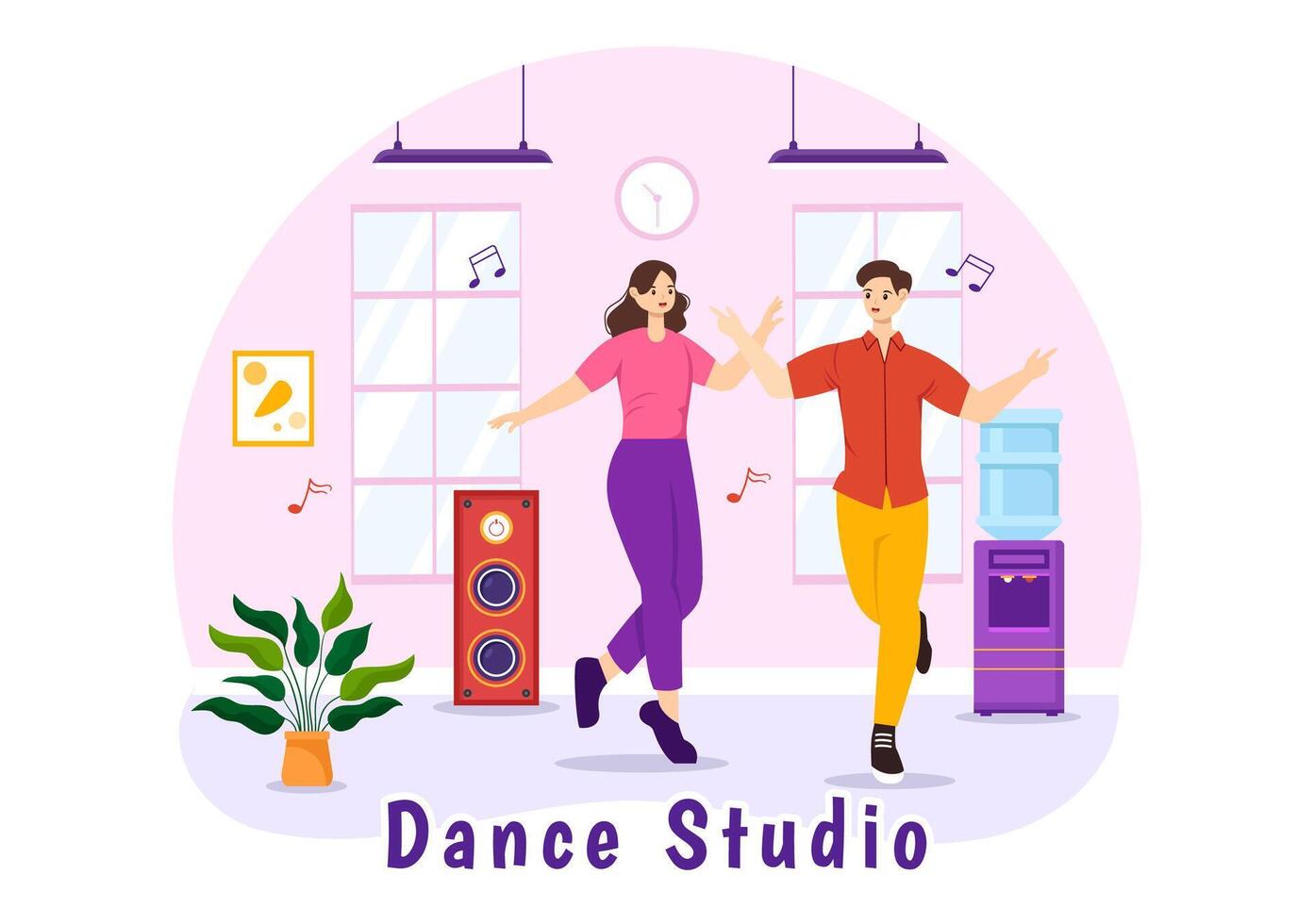 Dance Studio Vector Illustration with Dancing Couples Performing Accompanied by Music in Flat Cartoon Background Design