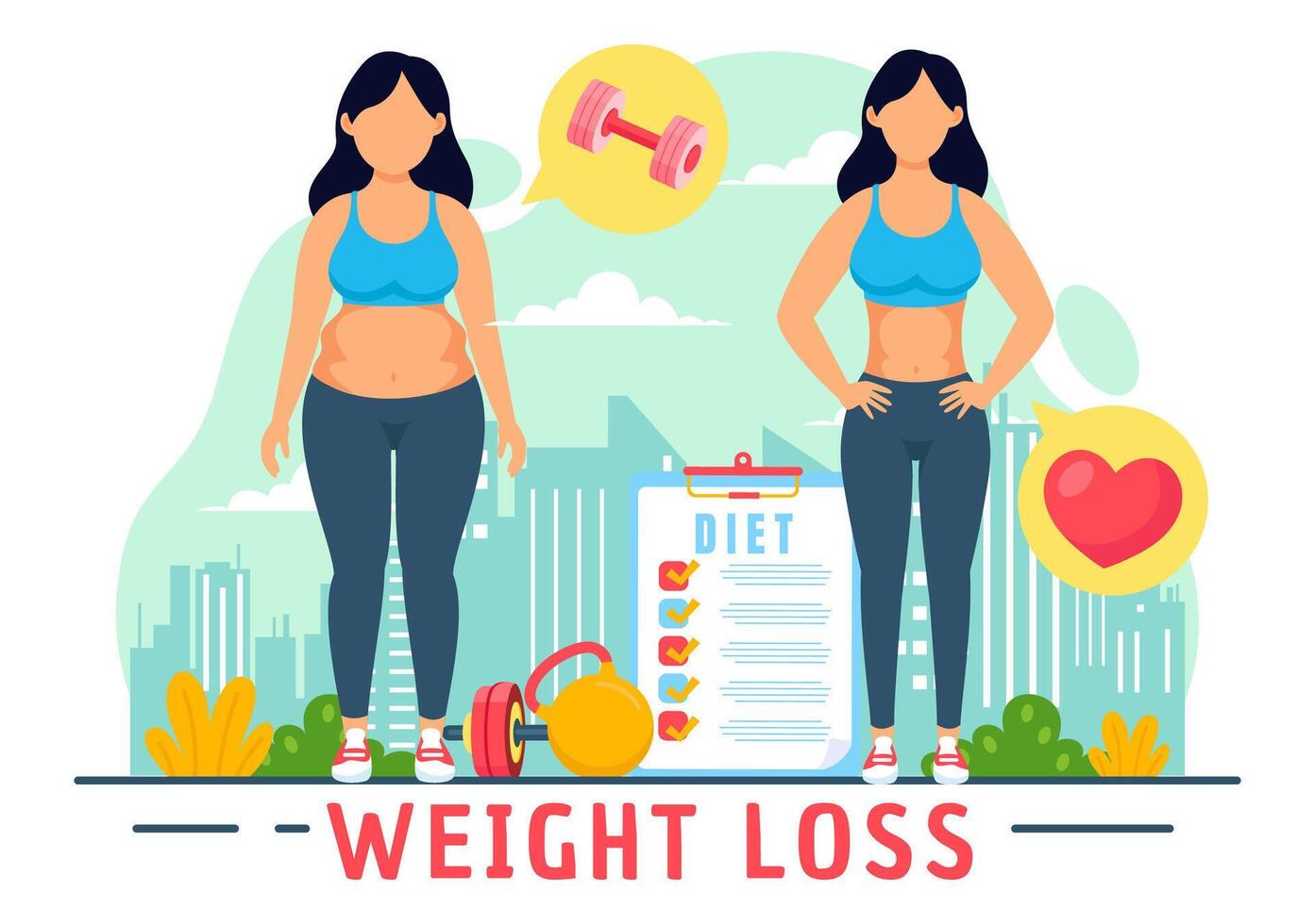 Weight Loss Vector Illustration of Woman Body Transformation Concept with Fitness, Sport, Diet and Healthy Lifestyle in Flat Cartoon Background