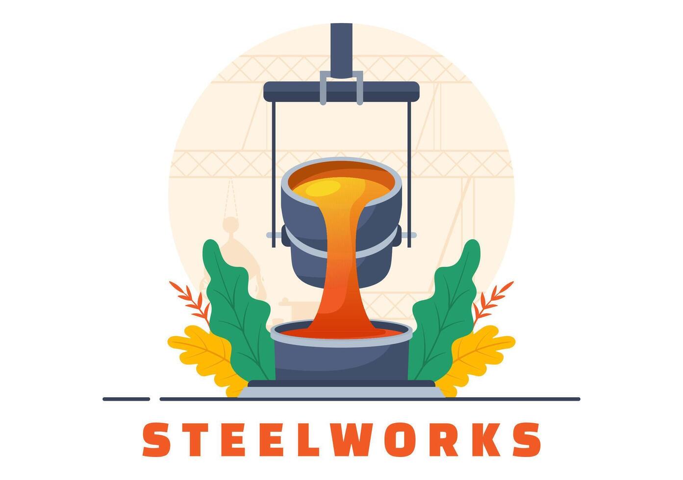 Steelworks Vector Illustration with Resource Mining, Smelting of Metal in Big Foundry and Hot Steel Pouring in Flat Cartoon Background Design