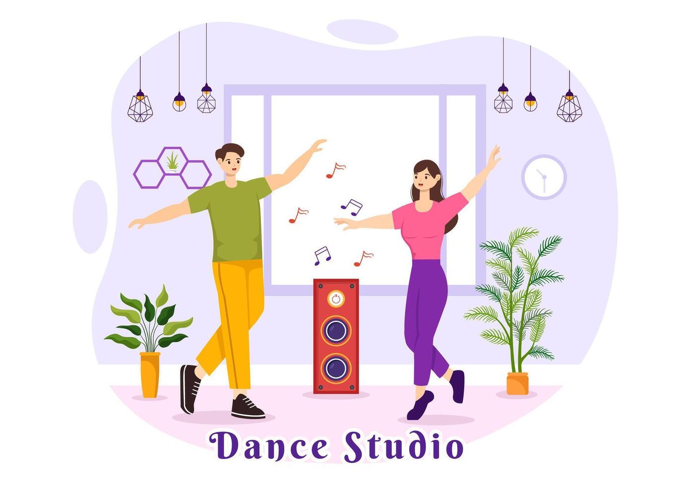 danza estudio vector ilustración con bailando parejas ejecutando acompañado por música en plano dibujos animados antecedentes diseño