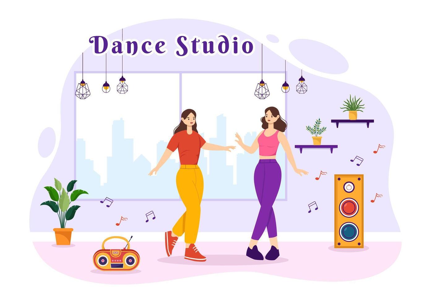 Dance Studio Vector Illustration with Dancing Couples Performing Accompanied by Music in Flat Cartoon Background Design