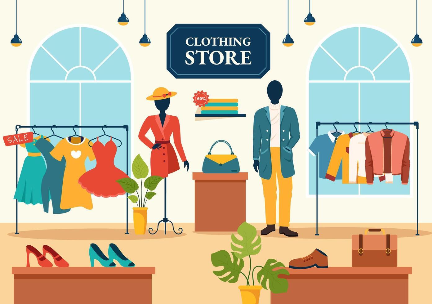 Clothing Store Vector Illustration by Shopping for Clothes or Dresses for Fashion Styles Women or Men in Flat Cartoon Background Design